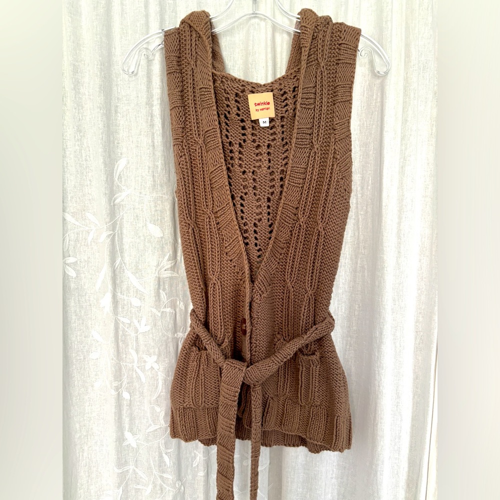 Vintage Twinkle by Wenlan Knit Hoody Sleeveless Sweater Cardigan with Tie